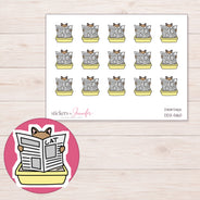 Cat in Yellow Litter Box Planner Stickers | DDZ-5160 — 4 × 3 inch sheet and enlarged sticker detail