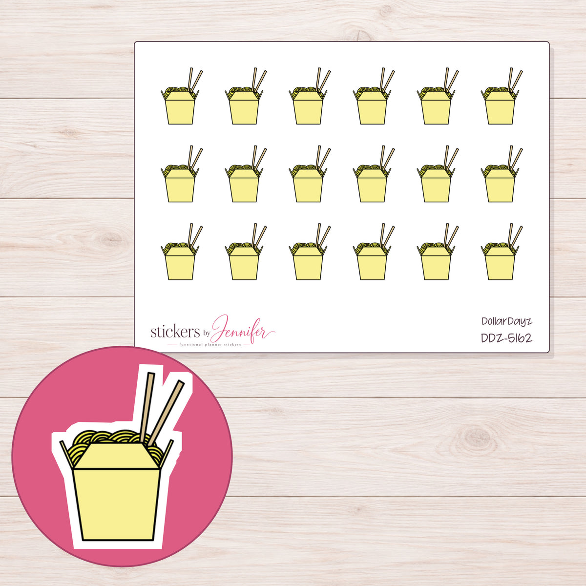Yellow Takeout Noodle Box Planner Stickers | DDZ-5162 — 4 × 3 inch sheet and enlarged sticker detail