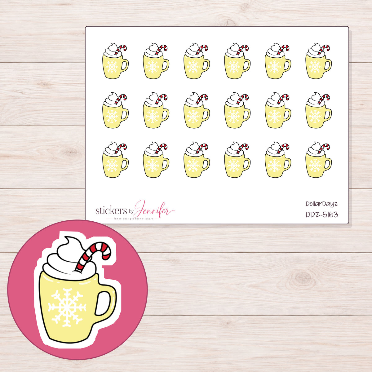 Yellow Holiday Hot Chocolate Planner Stickers | DDZ-5163 — 4 × 3 inch sheet and enlarged sticker detail