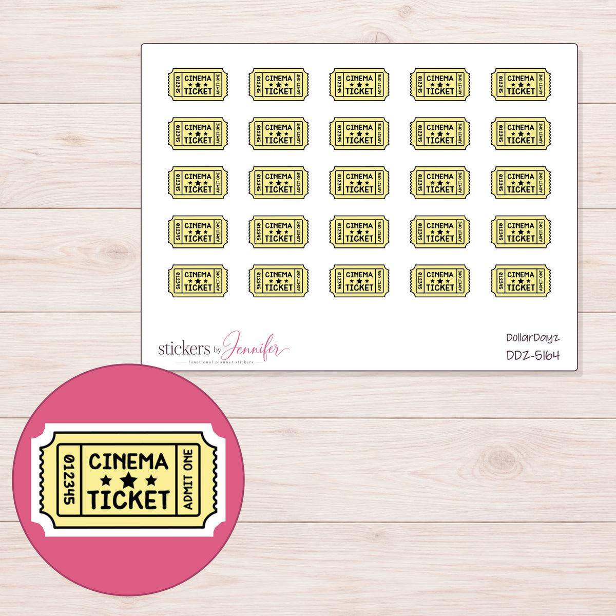 Yellow Cinema Ticket Planner Stickers | DDZ-5164 — 4 × 3 inch sheet and enlarged sticker detail
