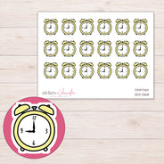 Yellow Alarm Clock Planner Stickers | DDZ-5168 — 4 × 3 inch sheet and enlarged sticker detail