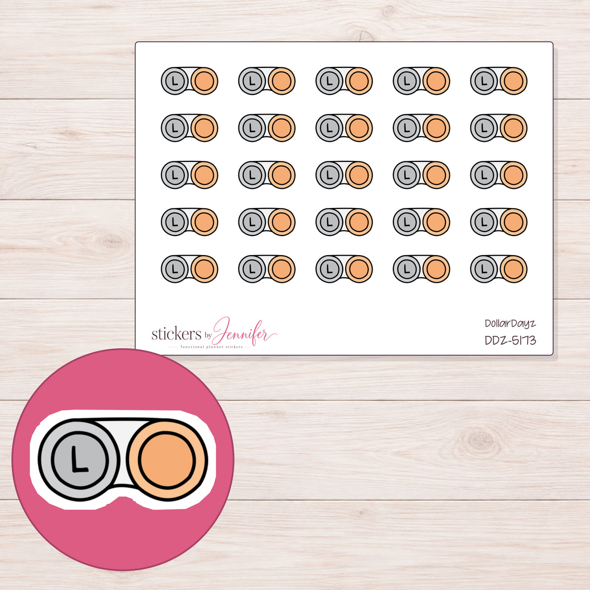 Peach Contact Lens Case Planner Stickers | DDZ-5173 — 4 × 3 inch sheet and enlarged sticker detail