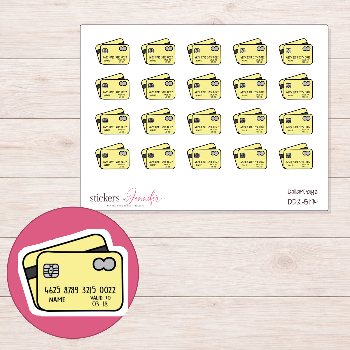 Yellow Credit Cards Planner Stickers | DDZ-5174 — 4 × 3 inch sheet and enlarged sticker detail