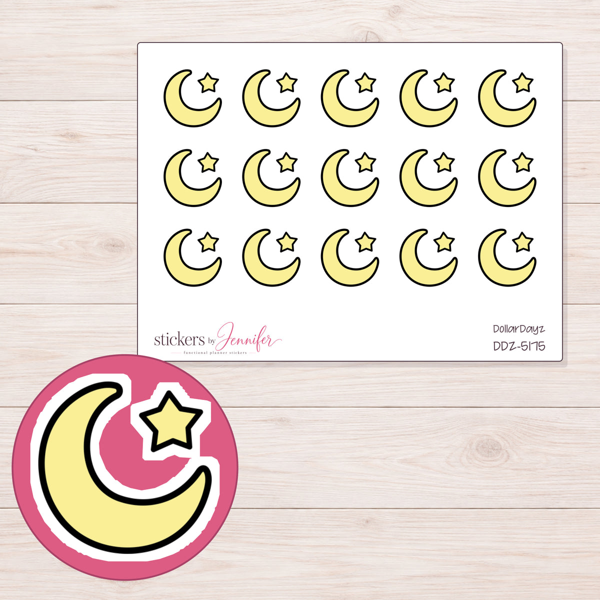 Yellow Crescent Moon and Star Planner Stickers | DDZ-5175 — 4 × 3 inch sheet and enlarged sticker detail