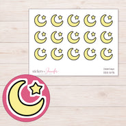 Yellow Crescent Moon and Star Planner Stickers | DDZ-5175 — 4 × 3 inch sheet and enlarged sticker detail