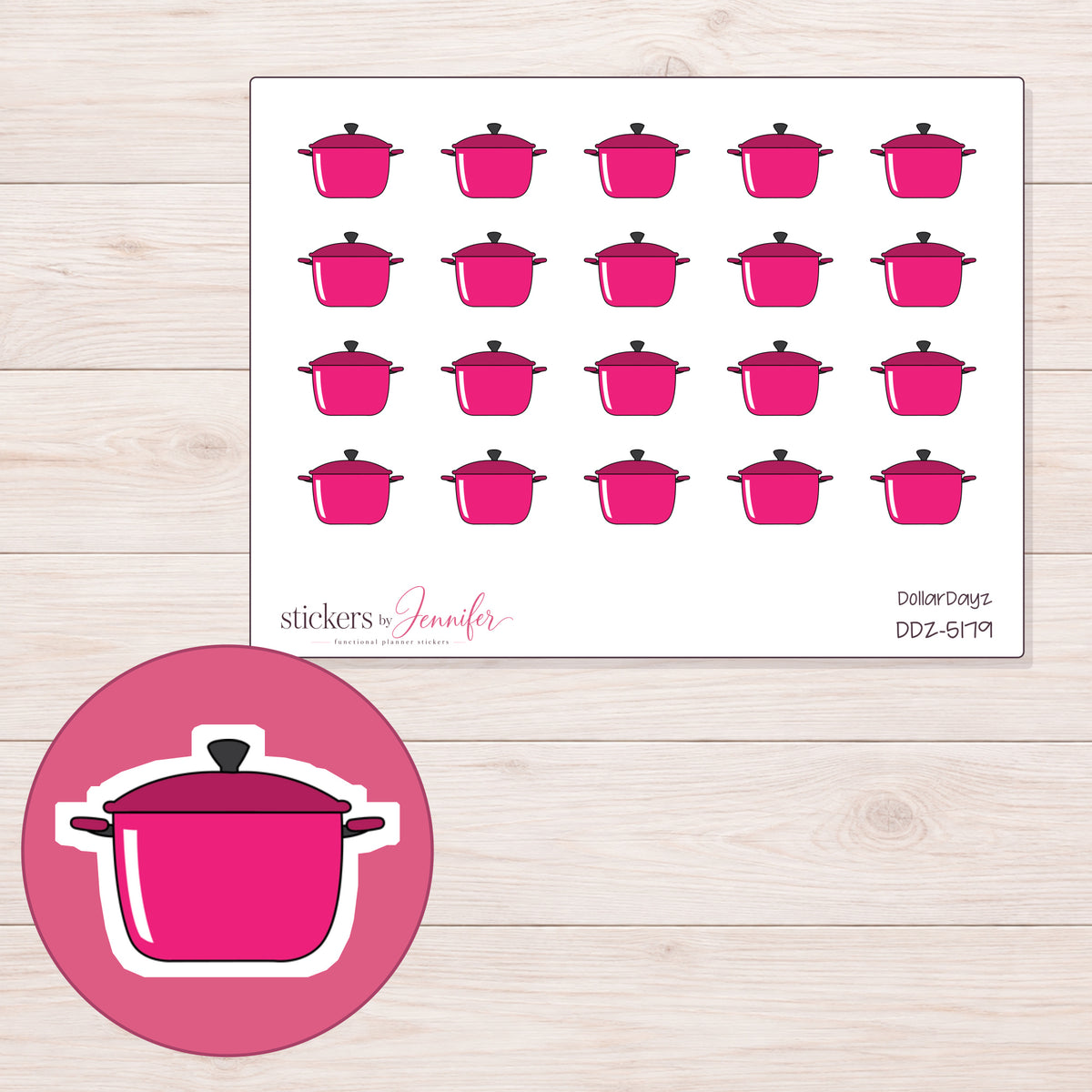 Pink Lidded Cooking Pot Planner Stickers | DDZ-5179 — 4 × 3 inch sheet and enlarged sticker detail
