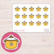 Yellow Slow Cooker Planner Stickers | DDZ-5180 — 4 × 3 inch sheet and enlarged sticker detail