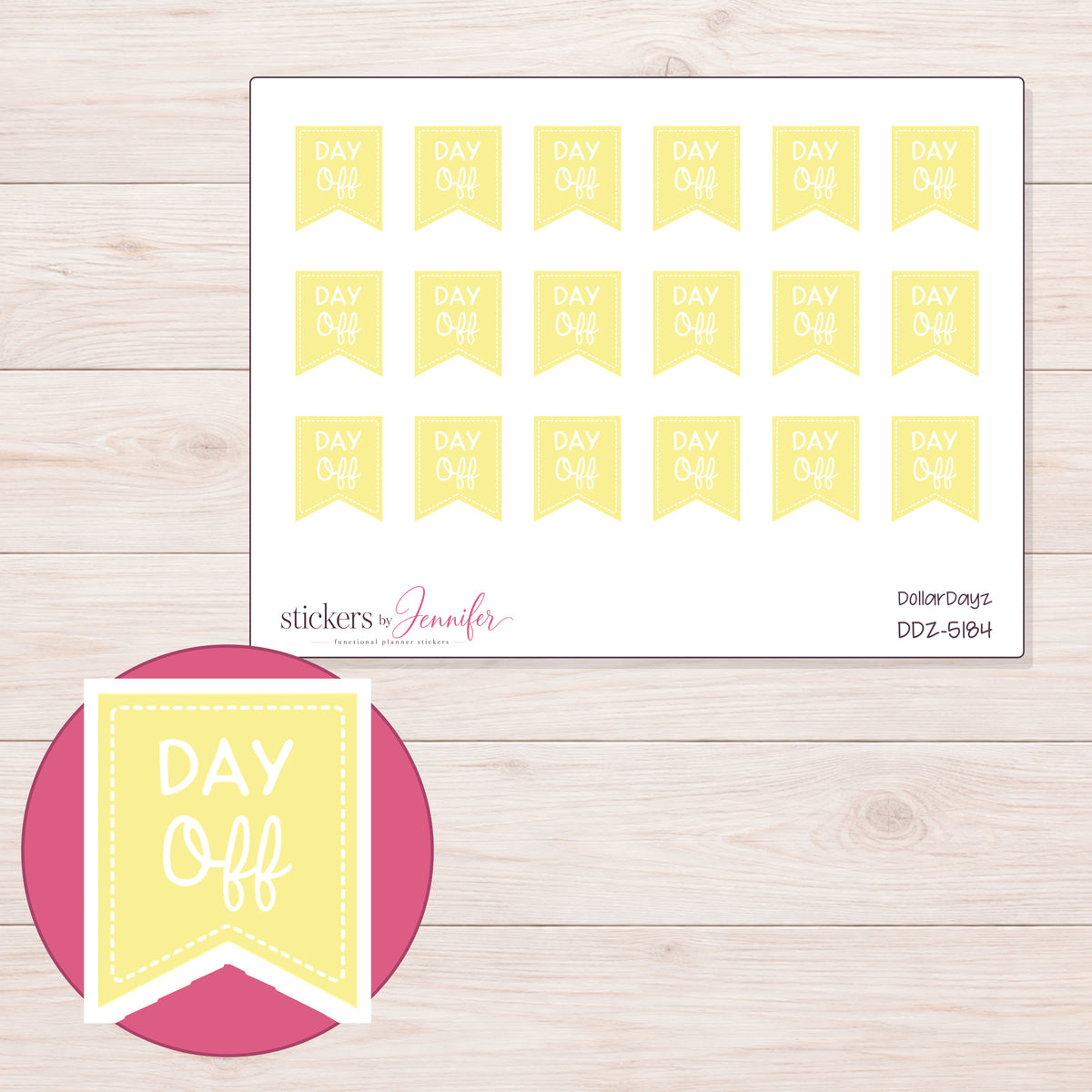 Yellow Day Off Flag Planner Stickers | DDZ-5184 — 4 × 3 inch sheet and enlarged sticker detail