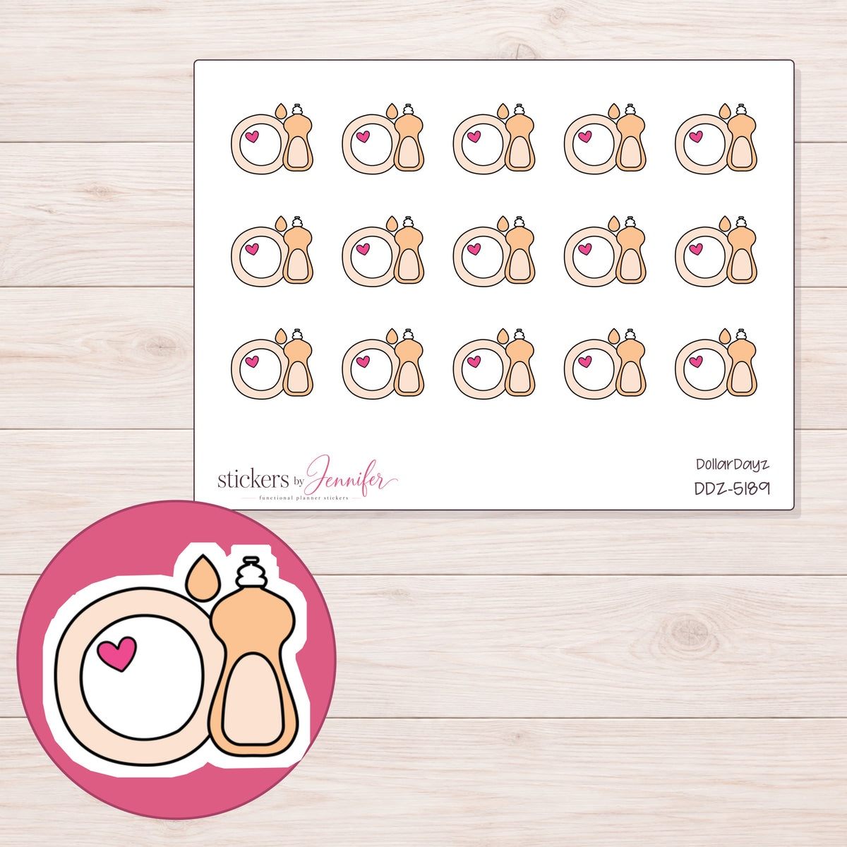 Peach Dish Soap and Plate Planner Stickers | DDZ-5189 — 4 × 3 inch sheet and enlarged sticker detail