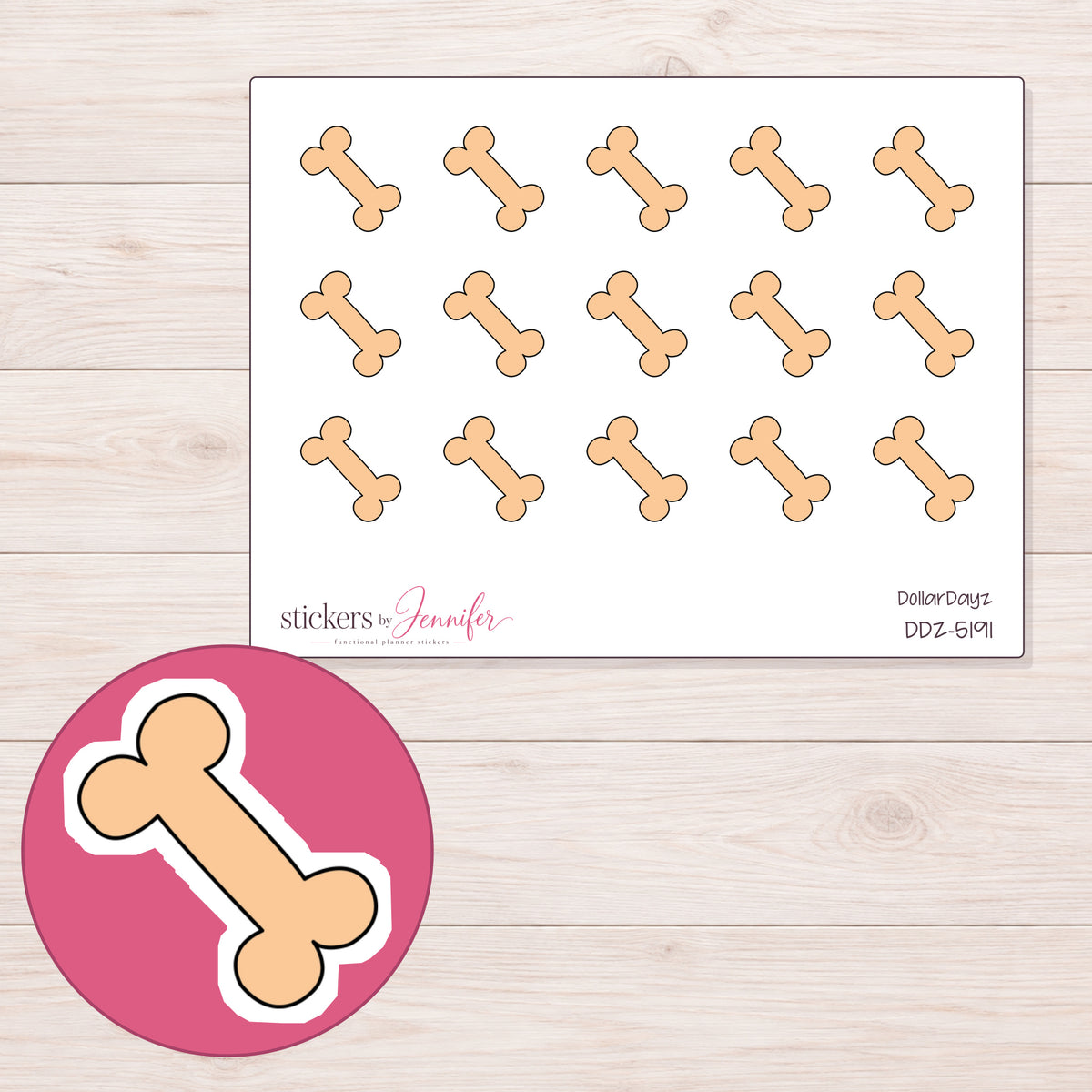 Peach Dog Bone Planner Stickers | DDZ-5191 — 4 × 3 inch sheet and enlarged sticker detail