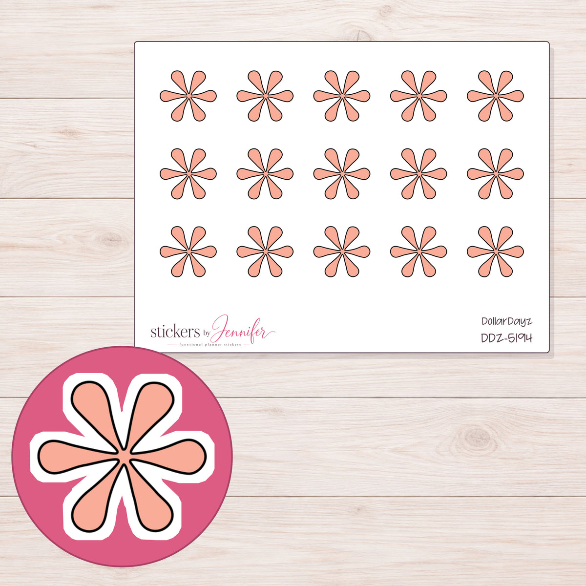 Peach Doodle Asterisk Planner Stickers | DDZ-5194 — 4 × 3 inch sheet and enlarged sticker detail