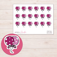 Pink Polka Dot Balloons Planner Stickers | DDZ-5195 — 4 × 3 inch sheet and enlarged sticker detail