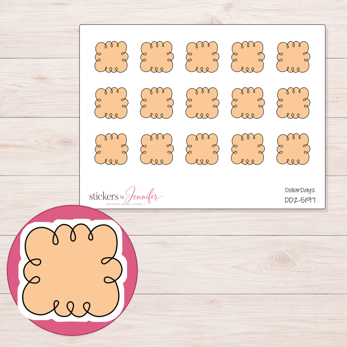 Peach Curly Label Planner Stickers | DDZ-5197 — 4 × 3 inch sheet and enlarged sticker detail