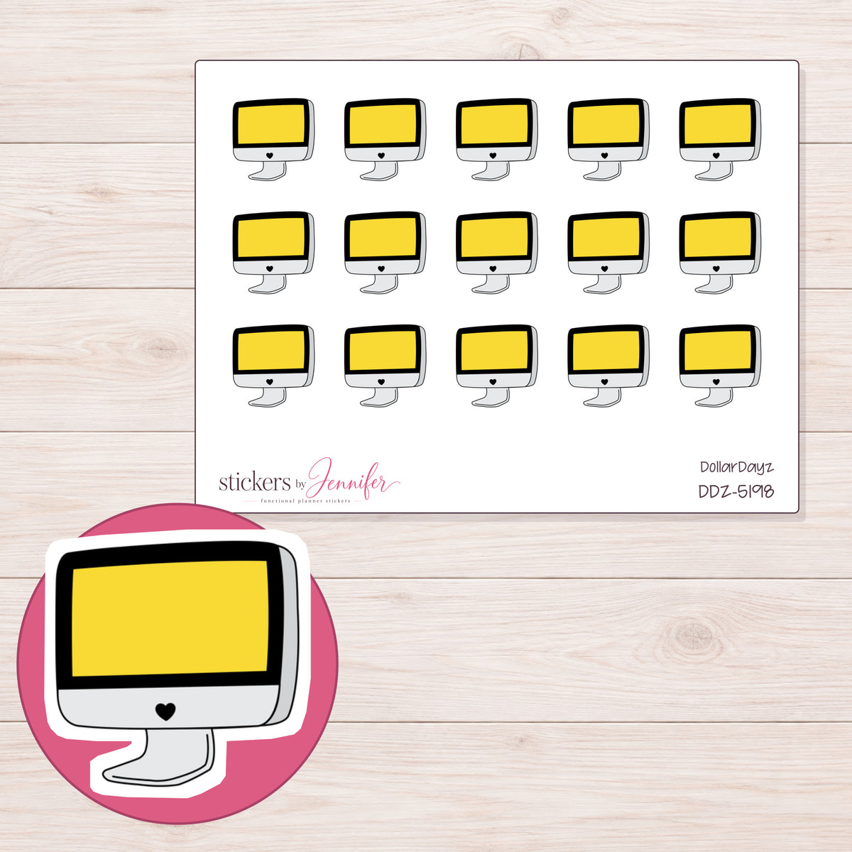 Yellow Screen Doodle Computer Planner Stickers | DDZ-5198 — 4 × 3 inch sheet and enlarged sticker detail