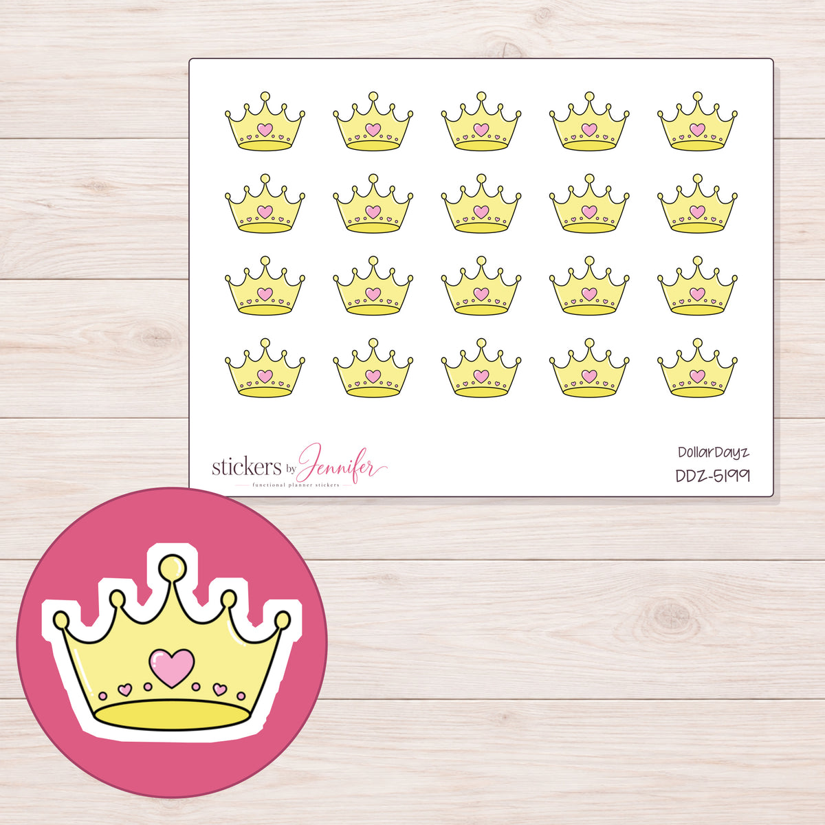 Yellow Heart Crown Planner Stickers | DDZ-5199 — 4 × 3 inch sheet and enlarged sticker detail