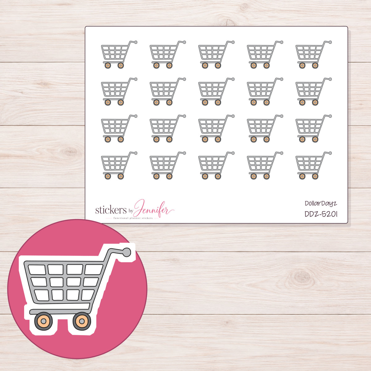 Gray Grocery Cart Planner Stickers | DDZ-5201 — 4 × 3 inch sheet and enlarged sticker detail