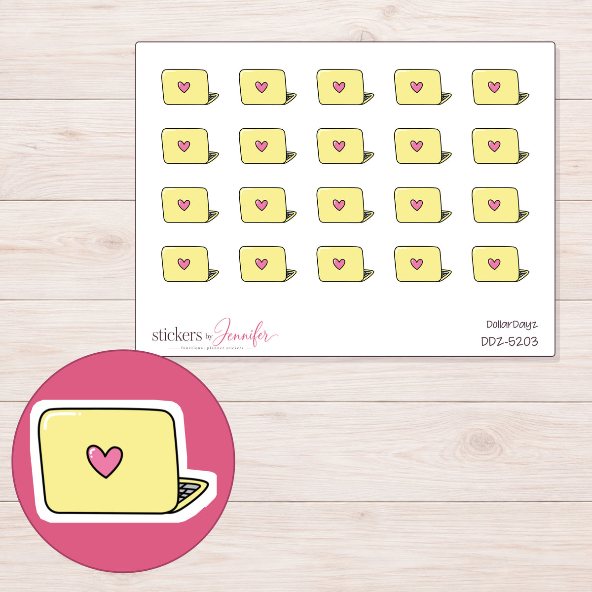 Yellow Heart Laptop Planner Stickers | DDZ-5203 — 4 × 3 inch sheet and enlarged sticker detail