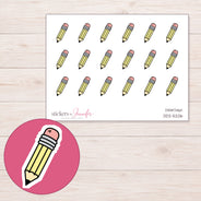 Yellow Doodle Pencil Planner Stickers | DDZ-5206 — 4 × 3 inch sheet and enlarged sticker detail