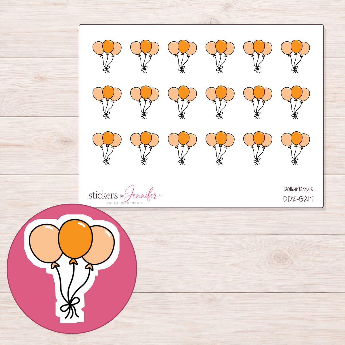 Orange Balloon Trio Planner Stickers | DDZ-5217 — 4 × 3 inch sheet and enlarged sticker detail