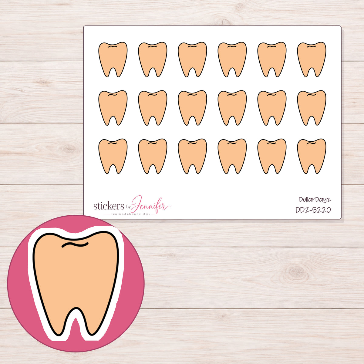 Peach Doodle Tooth Planner Stickers | DDZ-5220 — 4 × 3 inch sheet and enlarged sticker detail