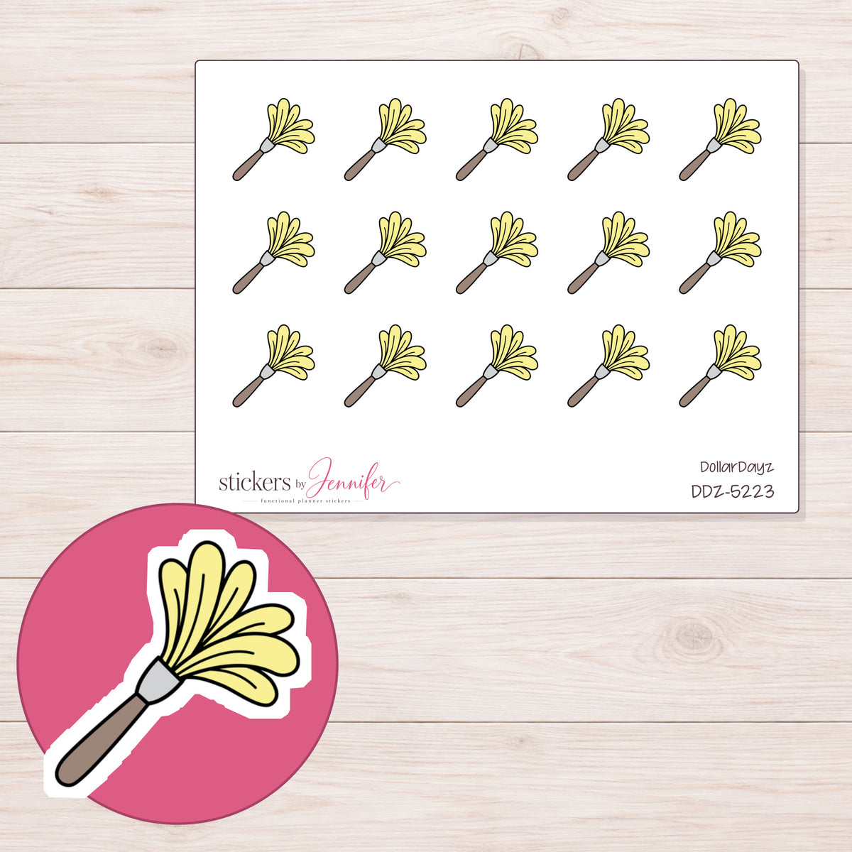 Yellow Duster Planner Stickers | DDZ-5223 — 4 × 3 inch sheet and enlarged sticker detail