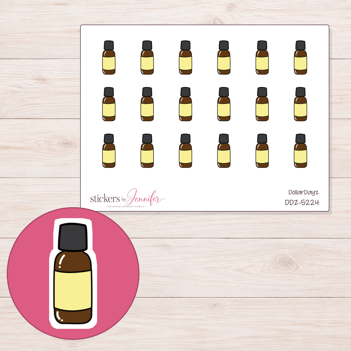Yellow Label Oil Bottle Planner Stickers | DDZ-5224 — 4 × 3 inch sheet and enlarged sticker detail