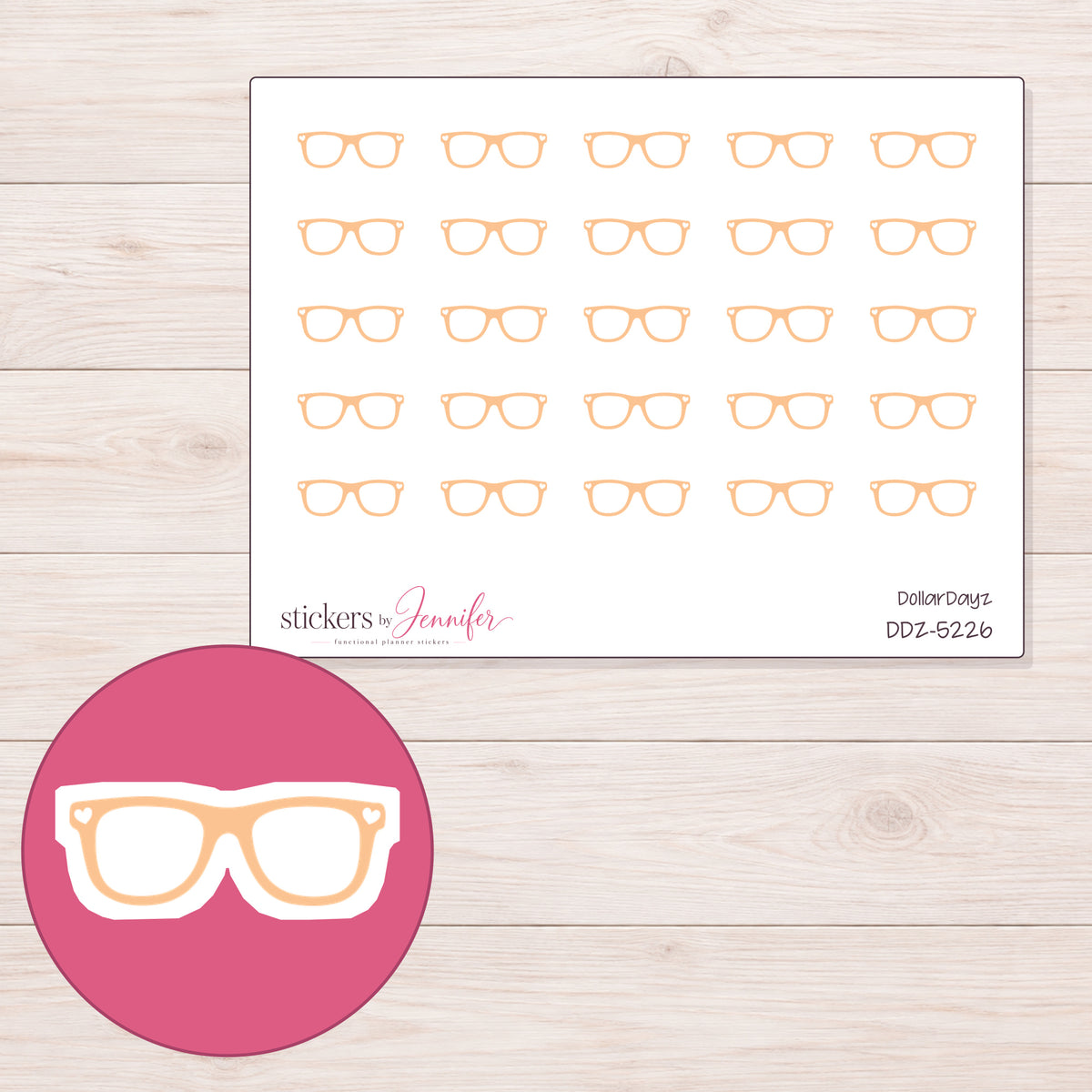 Peach Eyeglasses Planner Stickers | DDZ-5226 — 4 × 3 inch sheet and enlarged sticker detail