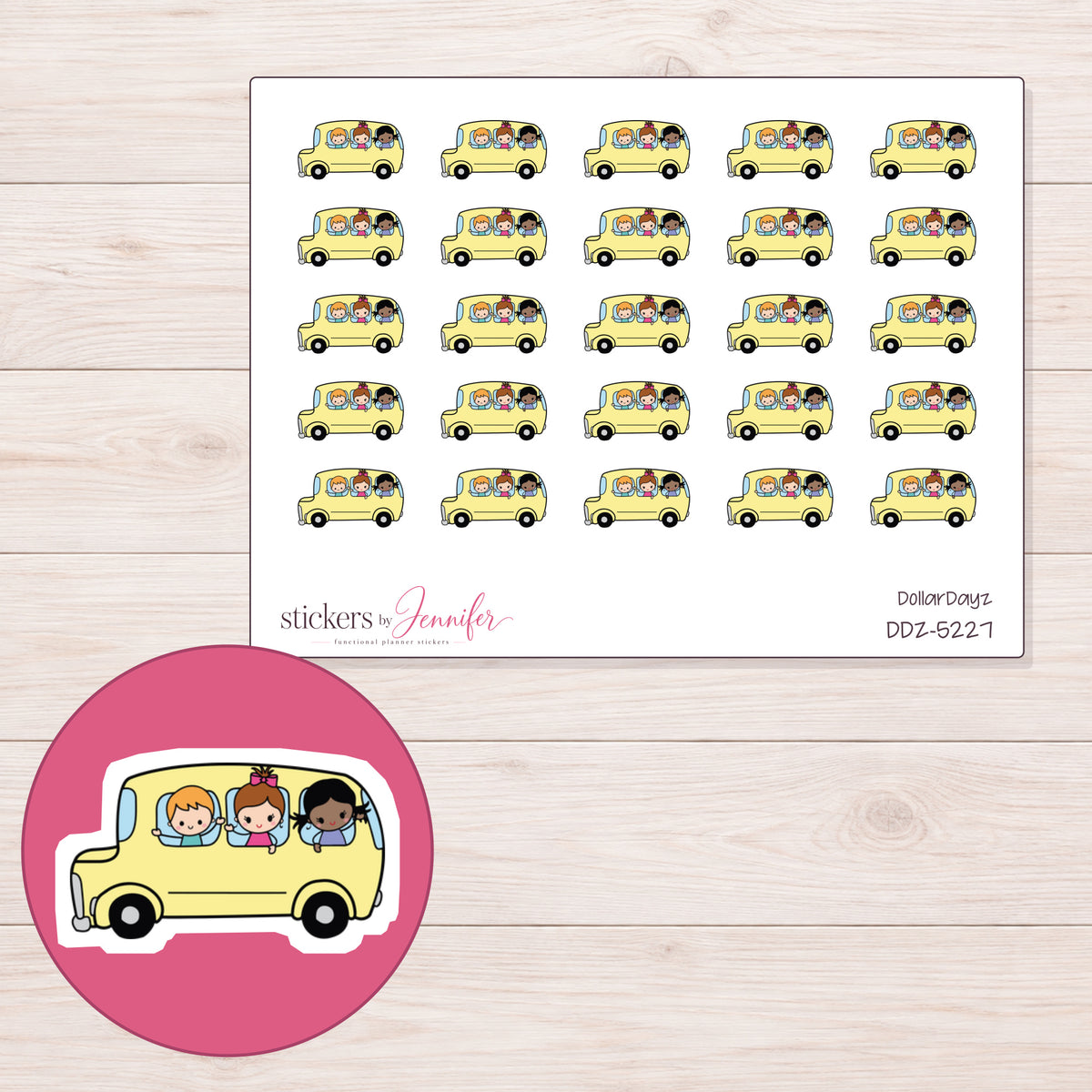 Yellow School Bus with Children Planner Stickers | DDZ-5227 — 4 × 3 inch sheet and enlarged sticker detail