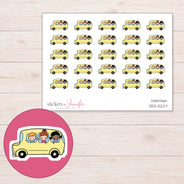 Yellow School Bus with Children Planner Stickers | DDZ-5227 — 4 × 3 inch sheet and enlarged sticker detail