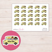 Yellow Field Trip Bus Planner Stickers | DDZ-5228 — 4 × 3 inch sheet and enlarged sticker detail