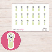 Pale Green Facial Brush Planner Stickers | DDZ-5230 — 4 × 3 inch sheet and enlarged sticker detail