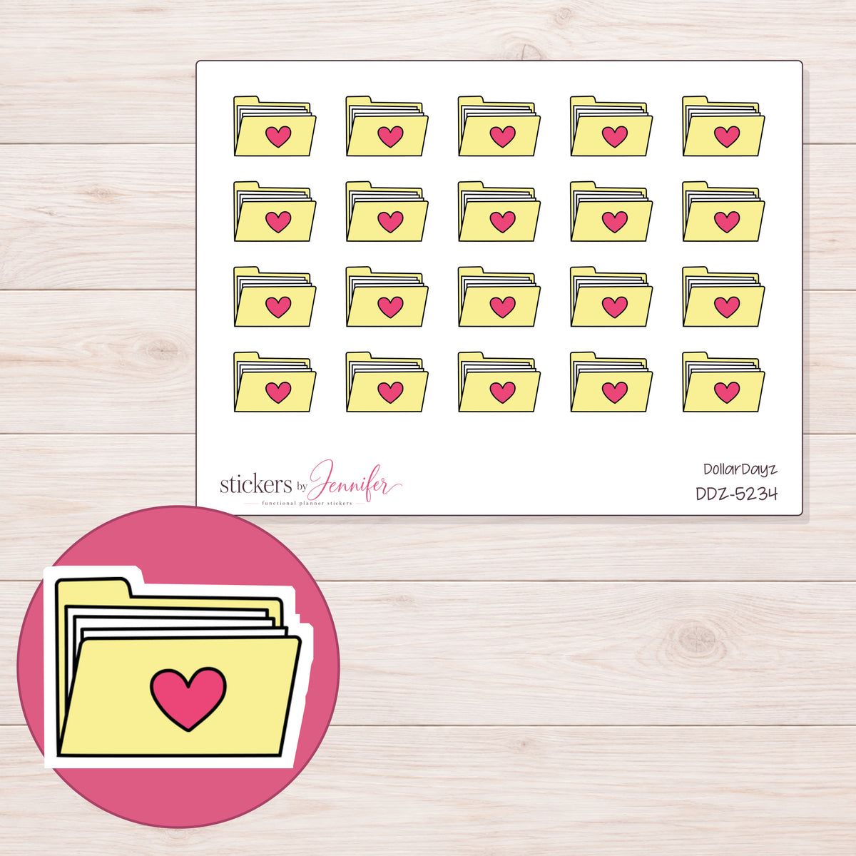 Yellow Heart Folder Planner Stickers | DDZ-5234 — 4 × 3 inch sheet and enlarged sticker detail