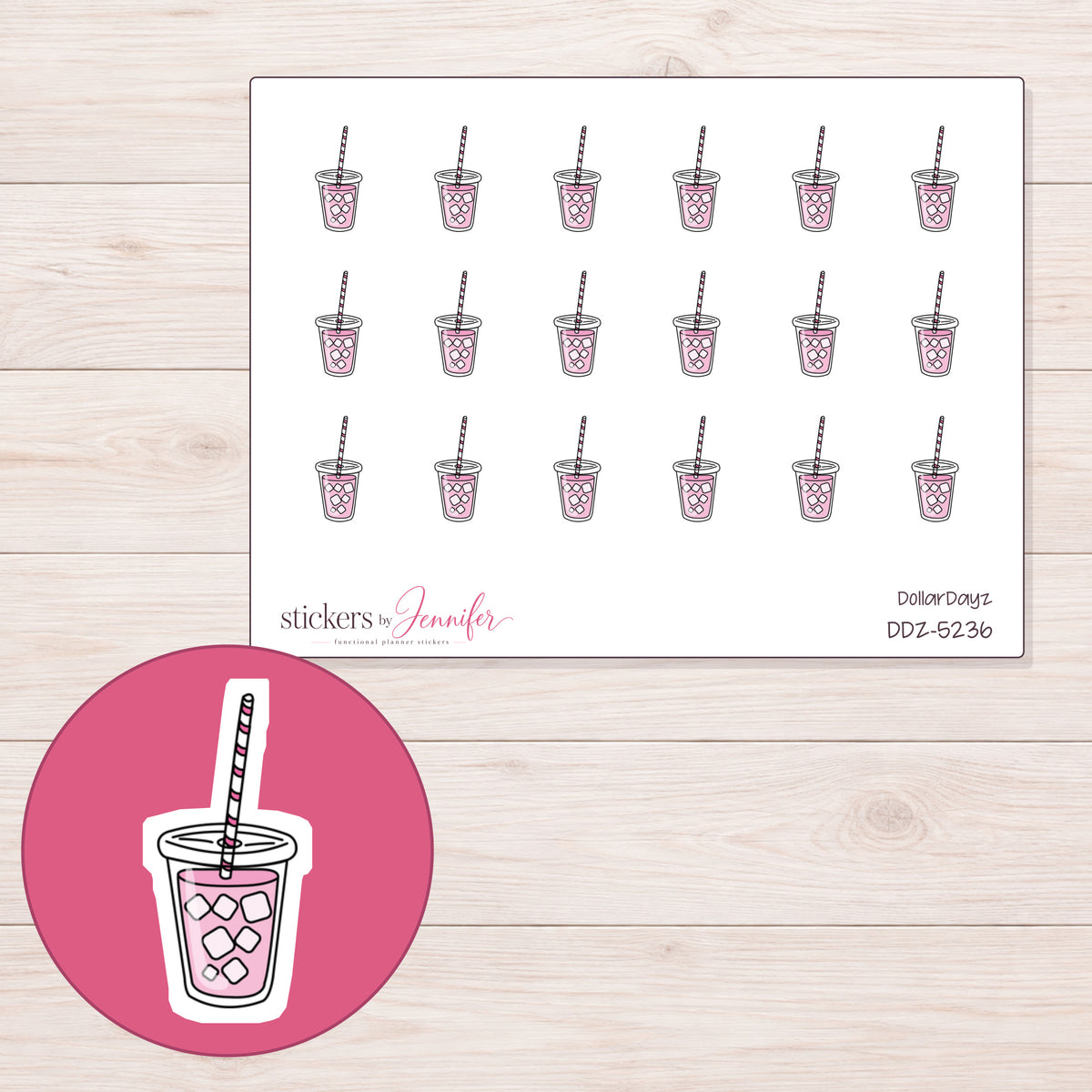 Pink Iced Tea Planner Stickers | DDZ-5236 — 4 × 3 inch sheet and enlarged sticker detail