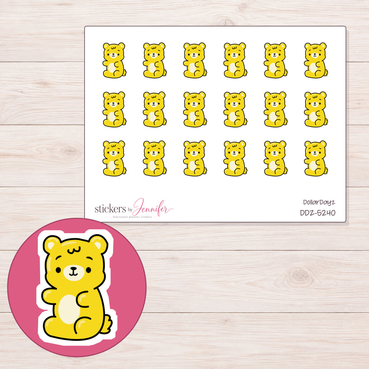 Bright Yellow Gummy Bear Planner Stickers | DDZ-5240 — 4 × 3 inch sheet and enlarged sticker detail
