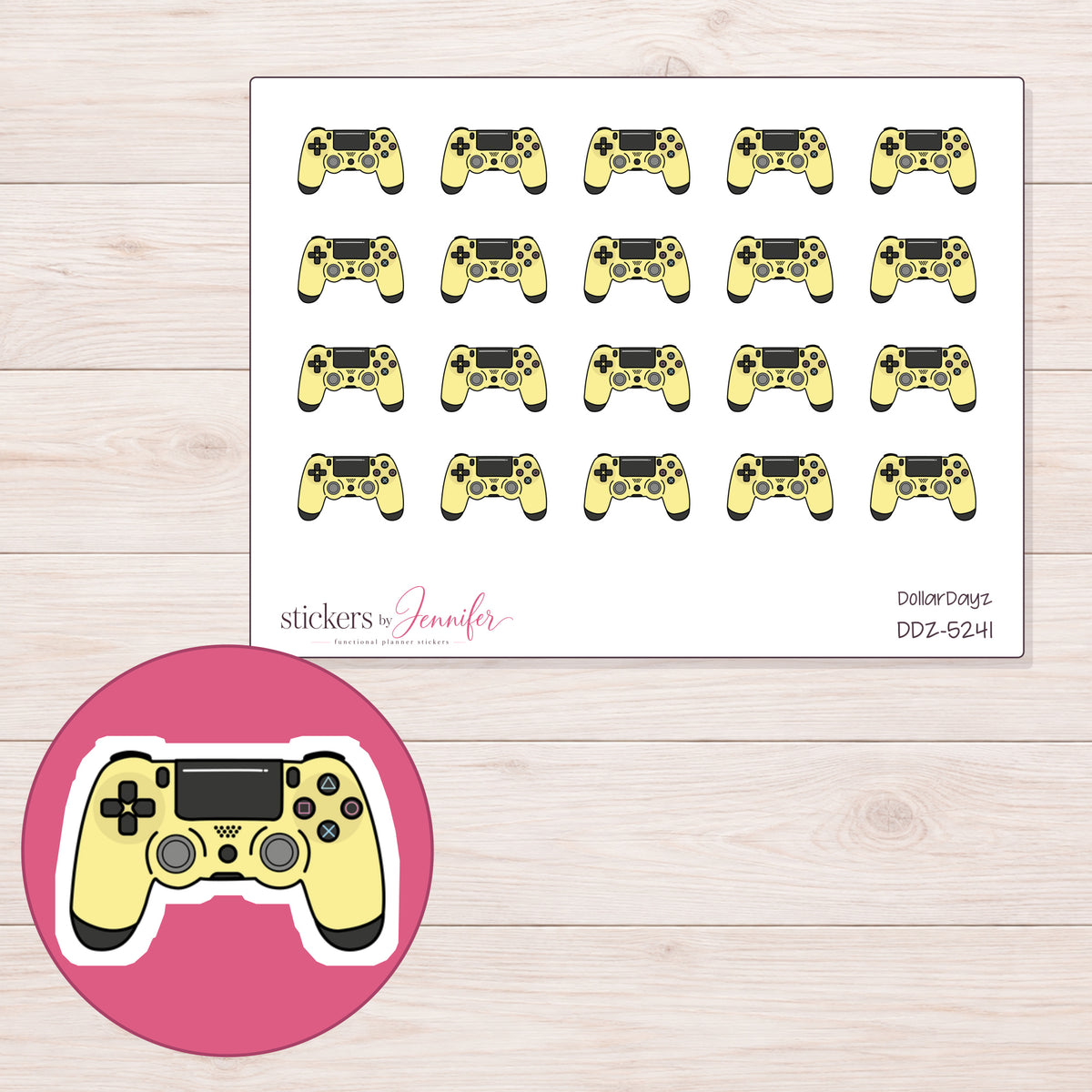 Yellow Game Controller Planner Stickers | DDZ-5241 — 4 × 3 inch sheet and enlarged sticker detail