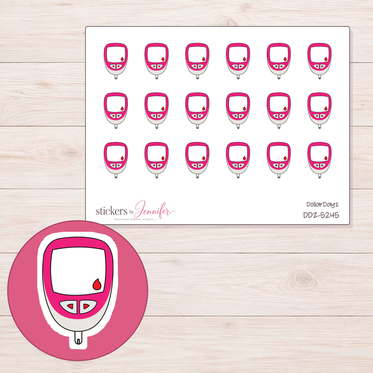 Pink Glucose Meter Planner Stickers | DDZ-5245 — 4 × 3 inch sheet and enlarged sticker detail