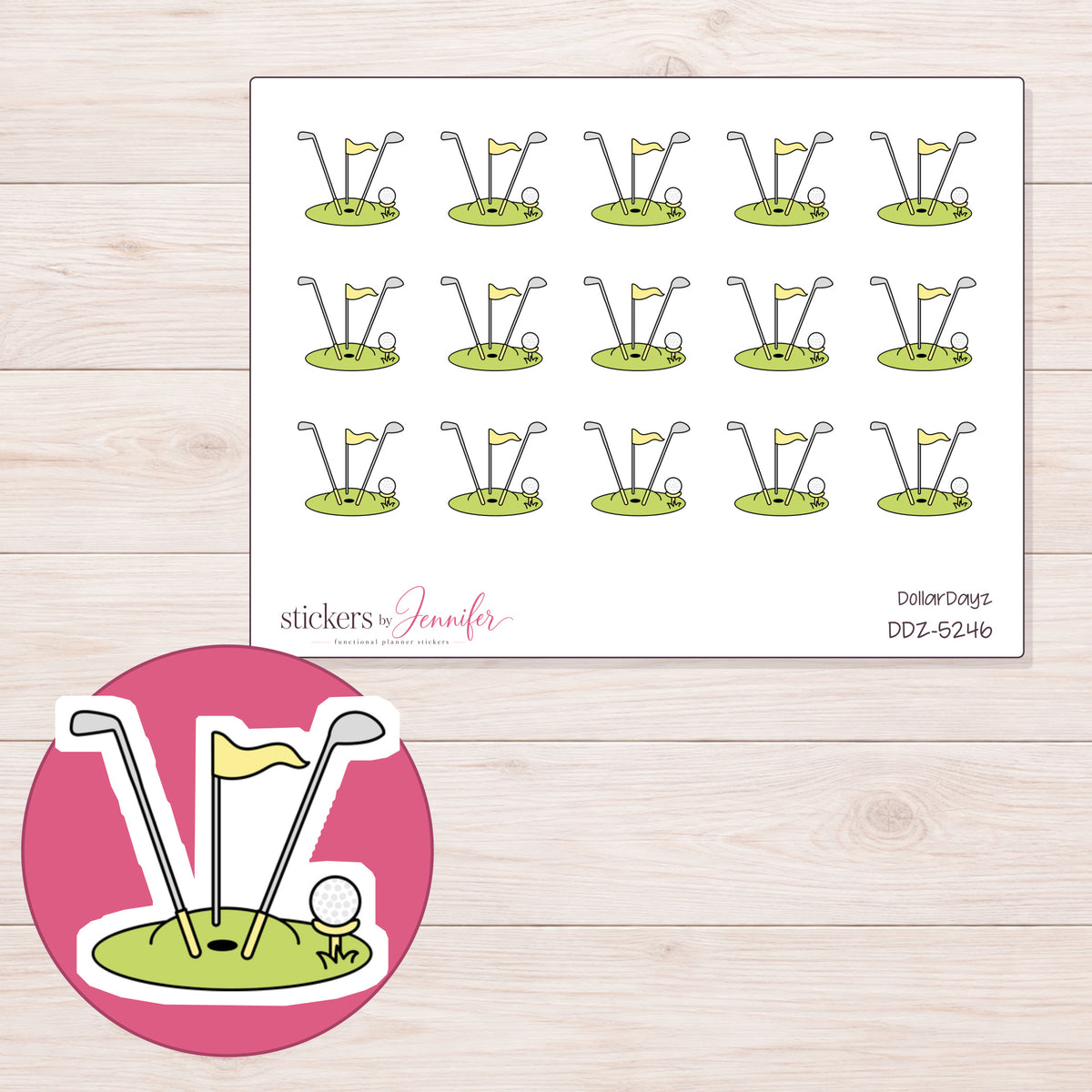 Golf Clubs and Green Planner Stickers | DDZ-5246 — 4 × 3 inch sheet and enlarged sticker detail