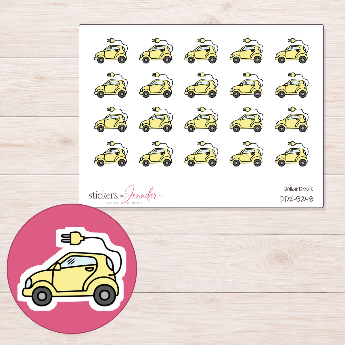 Yellow Electric Car Planner Stickers | DDZ-5248 — 4 × 3 inch sheet and enlarged sticker detail