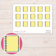 Yellow Disc Bound Planner Stickers | DDZ-5250 — 4 × 3 inch sheet and enlarged sticker detail