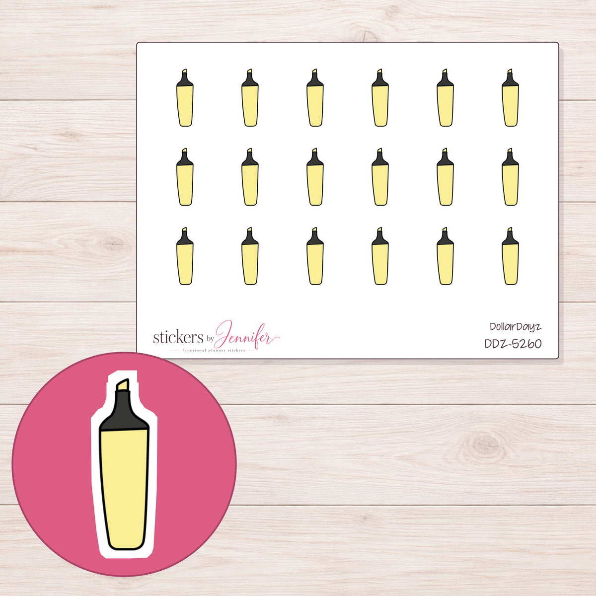 Yellow Highlighter Planner Stickers | DDZ-5260 — 4 × 3 inch sheet and enlarged sticker detail
