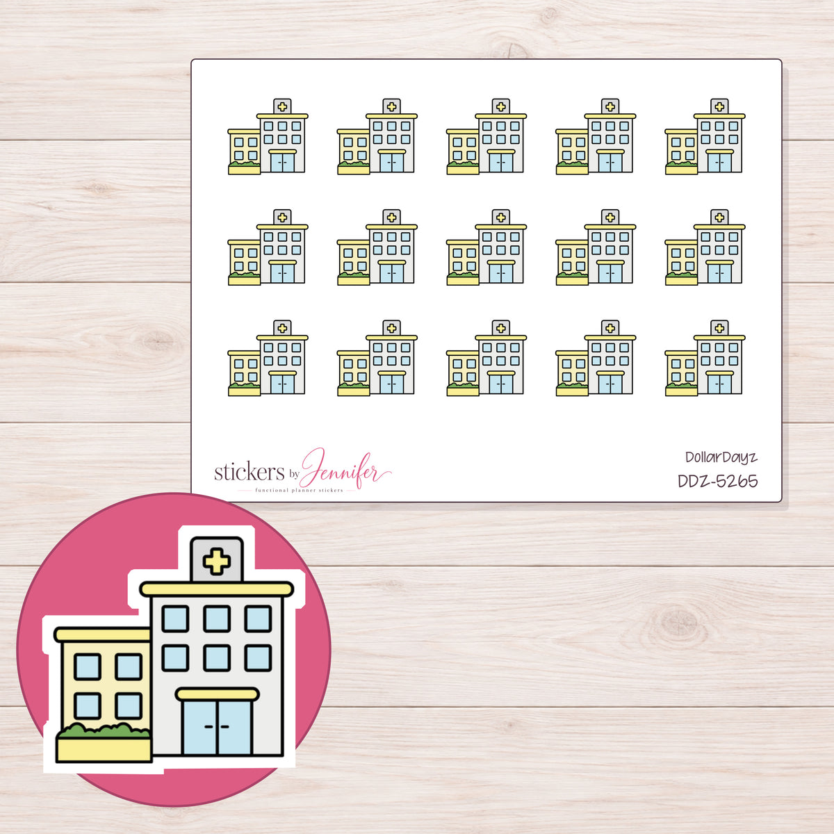 Yellow Hospital Planner Stickers | DDZ-5265 — 4 × 3 inch sheet and enlarged sticker detail