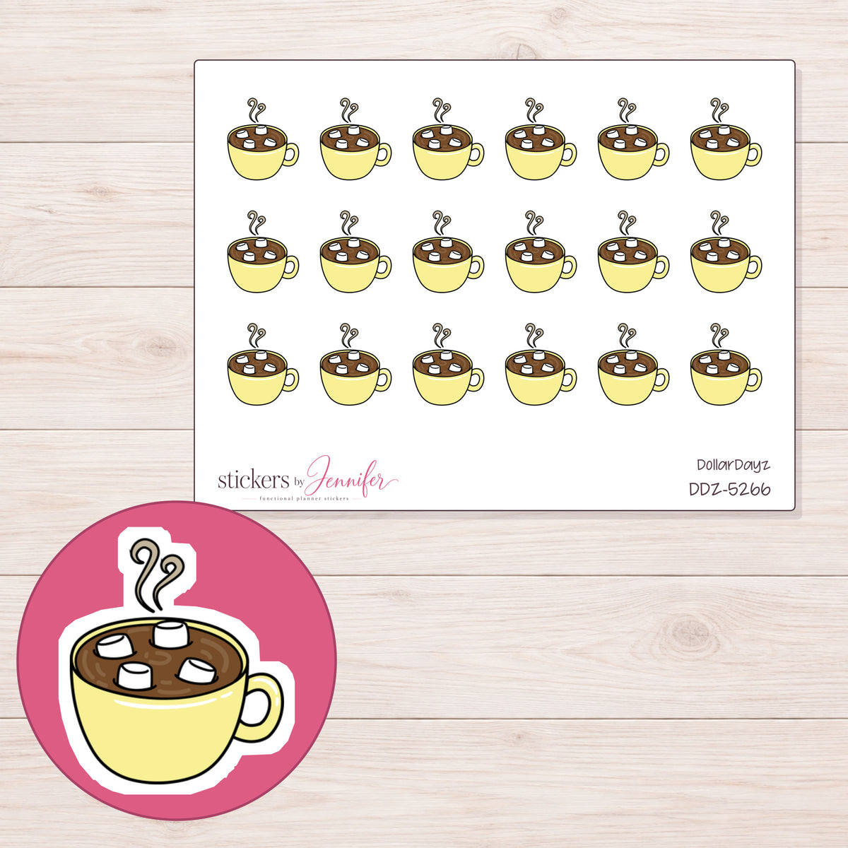 Yellow Hot Chocolate Mug Planner Stickers | DDZ-5266 — 4 × 3 inch sheet and enlarged sticker detail