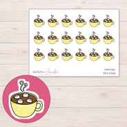 Yellow Hot Chocolate Mug Planner Stickers | DDZ-5266 — 4 × 3 inch sheet and enlarged sticker detail