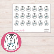 Karate Uniform Planner Stickers | DDZ-5269 — 4 × 3 inch sheet and enlarged sticker detail
