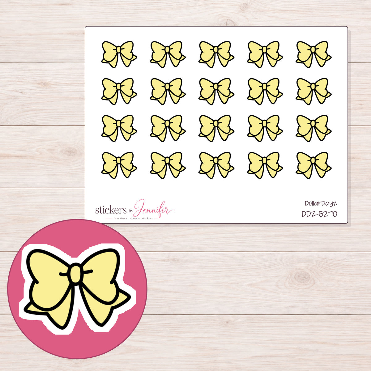 Yellow Bow Planner Stickers | DDZ-5270 — 4 × 3 inch sheet and enlarged sticker detail