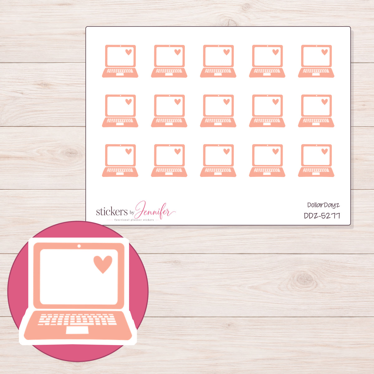 Peach Heart Laptop Planner Stickers | DDZ-5277 — 4 × 3 inch sheet and enlarged sticker detail