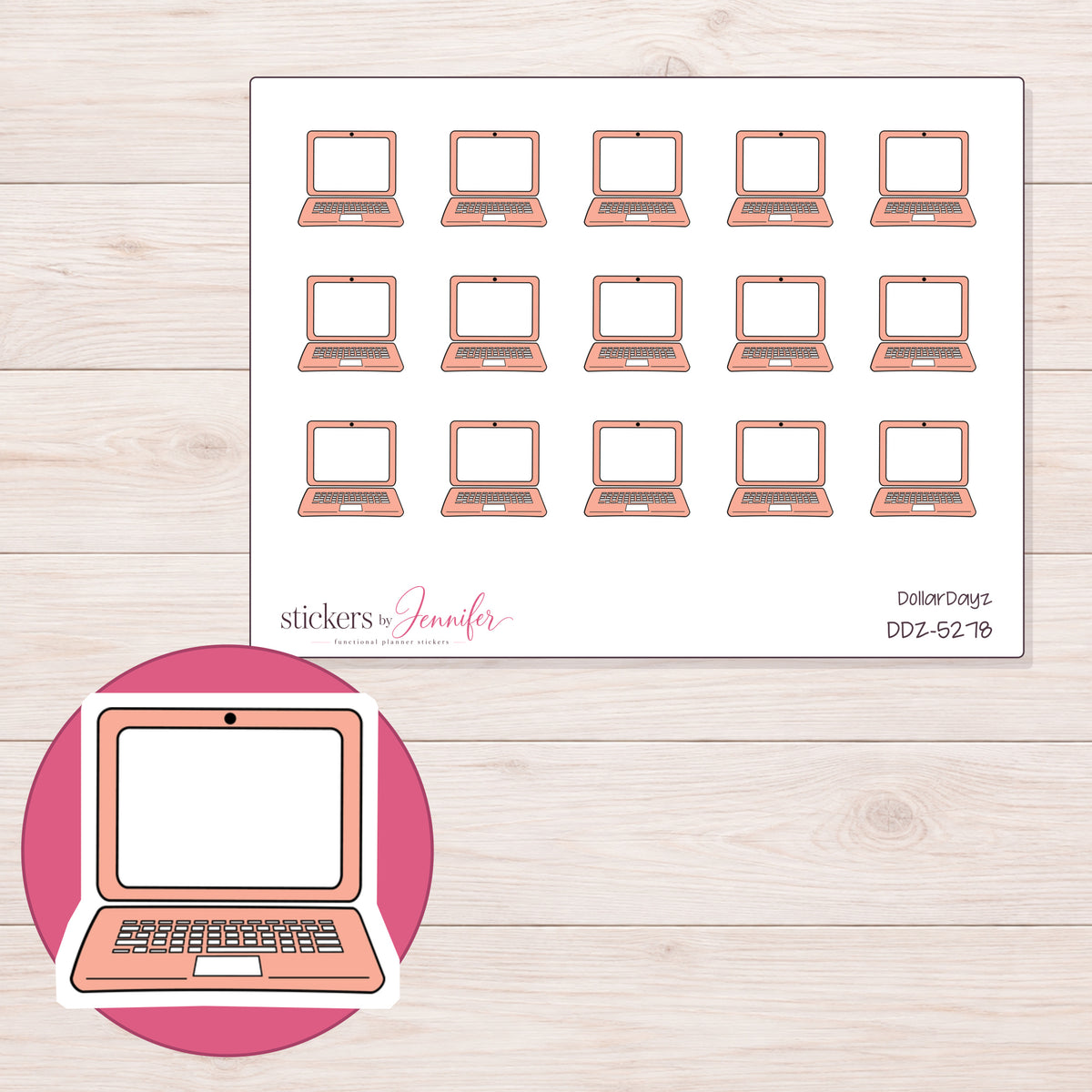 Peach Laptop Planner Stickers | DDZ-5278 — 4 × 3 inch sheet and enlarged sticker detail