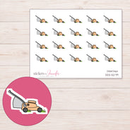 Peach Lawn Mower Planner Stickers | DDZ-5279 — 4 × 3 inch sheet and enlarged sticker detail