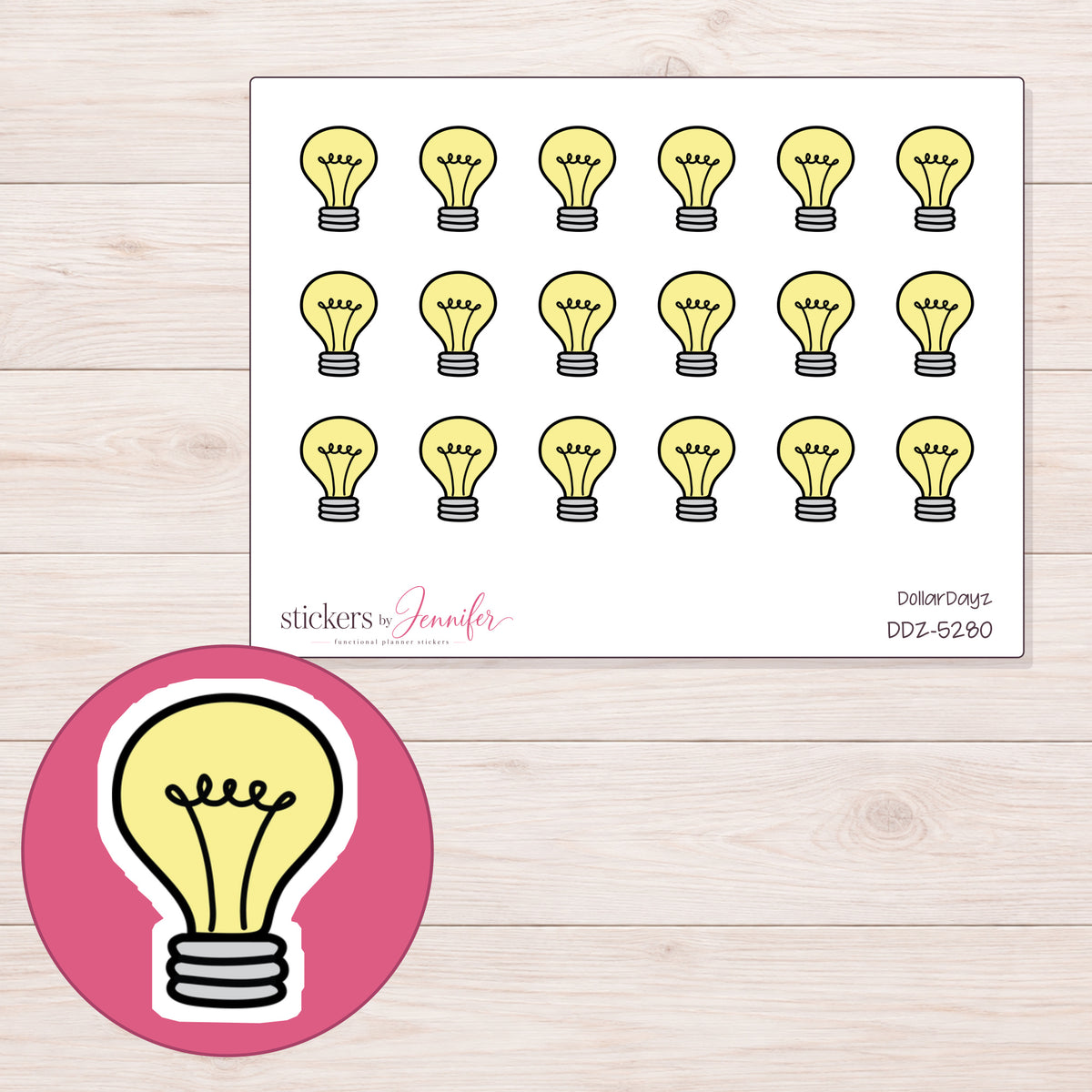 Yellow Light Bulb Planner Stickers | DDZ-5280 — 4 × 3 inch sheet and enlarged sticker detail