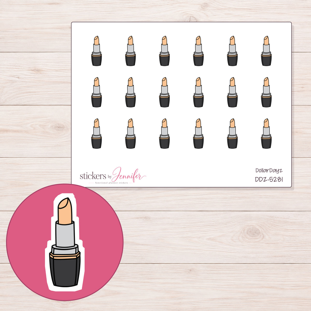 Peach Lipstick Planner Stickers | DDZ-5281 — 4 × 3 inch sheet and enlarged sticker detail